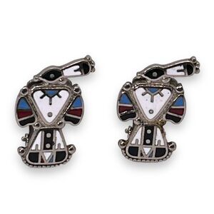 Thunderbird Clip On Earrings White Blue Red Black Enameled Silver Tone Southwest